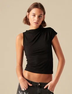 Nicoli Tops|T-shirts<BLACK ASYMMETRIC T-SHIRT Negros