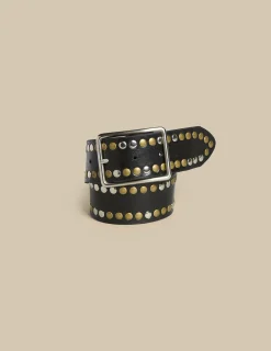 Nicoli Belts<BLACK LEATHER TWO-TONE STUDS BELT Negros