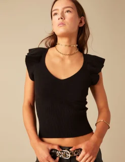 Nicoli Tops<BLACK RUFFLED SLEEVES TOP Negros