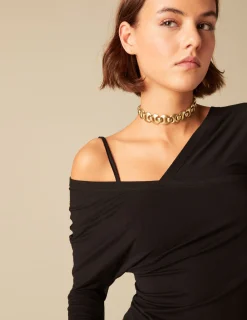 Nicoli T-shirts<BLACK STRAP ASYMMETRIC T-SHIRT Negros