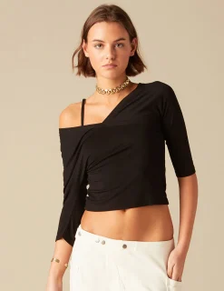 Nicoli T-shirts<BLACK STRAP ASYMMETRIC T-SHIRT Negros