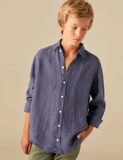 Nicoli Shirts<BLUE LINEN SHIRT Blancos
