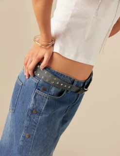 Nicoli Belts<BLUE STUDDED SUEDE BELT Grises antracitas