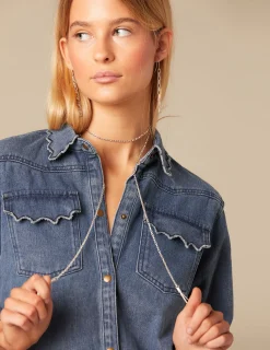 Nicoli Denim|Shirts & Blouses<DENIM RUFFLED COLLAR SHIRT Azul vaquero