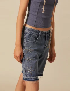 Nicoli Denim|Shorts<DENIM STUDDED BERMUDA SHORTS Azul vaquero