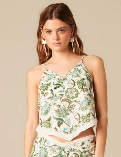 Nicoli Tops<GREEN LUREX FLORAL TOP Verdes