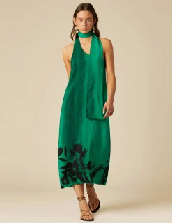 Nicoli Dresses<GREEN PRINTED SILK DRESS Verdes oscuros