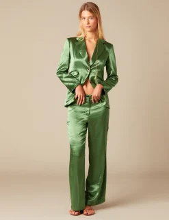 Nicoli Trousers<GREEN SATIN TROUSERS Verdes
