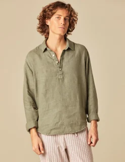 Nicoli Shirts<KHAKI LINEN POLO NECK SHIRT Blancos