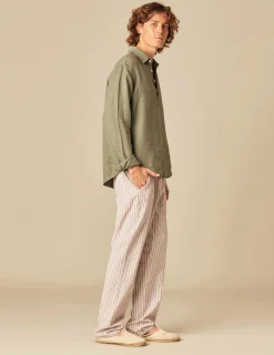 Nicoli Shirts<KHAKI LINEN POLO NECK SHIRT Blancos