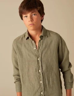 Nicoli Shirts<KHAKI LINEN SHIRT Blancos