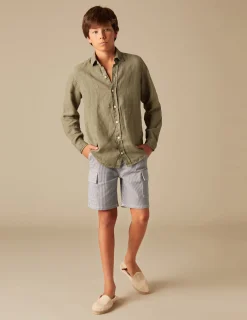 Nicoli Shirts<KHAKI LINEN SHIRT Blancos