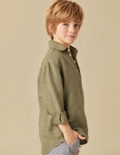 Nicoli Shirts<KHAKI LINEN SHIRT Azules claros