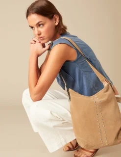 Nicoli Bags<LARGE TAUPE STUDDED SUEDE BAG Grises antracitas