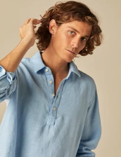 Nicoli Shirts<LIGHT BLUE LINEN POLO SHIRT Blancos