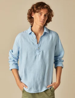Nicoli Shirts<LIGHT BLUE LINEN POLO SHIRT Blancos