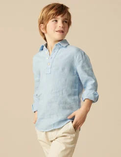 Nicoli Shirts<LIGHT BLUE LINEN POLO SHIRT Azules claros