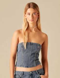 Nicoli Tops|Denim<MID BLUE STUDDED TOP Negros