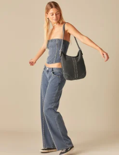 Nicoli Tops|Denim<MID BLUE STUDDED TOP Negros