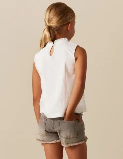 Nicoli T-shirts<WHITE RUFFLE NECK T-SHIRT Blancos