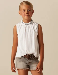 Nicoli T-shirts<WHITE RUFFLE NECK T-SHIRT Blancos