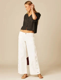 Nicoli Trousers|Denim<WHITE TROUSERS WITH SIDE BUTTONS Blancos