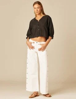 Nicoli Trousers|Denim<WHITE TROUSERS WITH SIDE BUTTONS Blancos